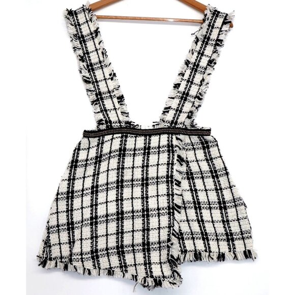 Pink & Flare Plaid Tweed Overall Frayed Edges w/ Shorts V-Neckline Women's Small - Picture 1 of 11